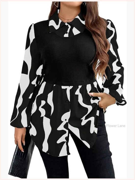 Tops - Plus Size Bishop Long Sleeve Button Down Blouse Asymmetrical Hem Floral